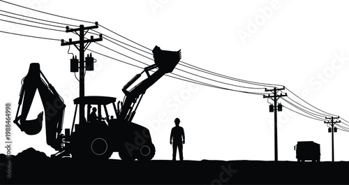 Industrial Construction Site Silhouette Featuring Excavator Heavy Machinery Power Lines and Workers for Civil Engineering Infrastructure Development Urban Planning and Utility Maintenance Projects