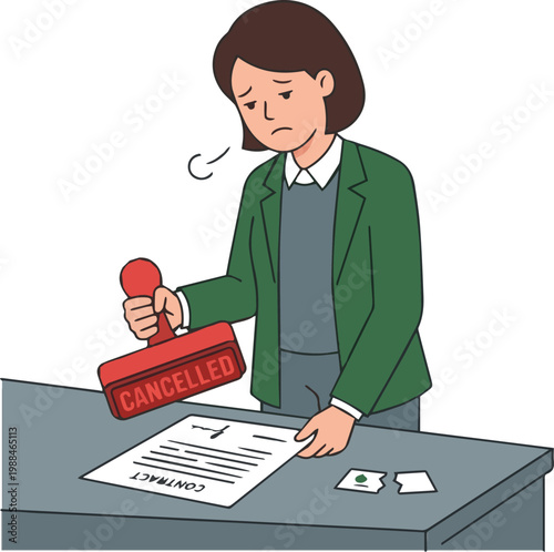 Sad business woman stamping a contract with a large cancelled stamp for termination concept
