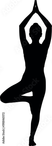 Black silhouette of a woman practicing yoga in tree pose for health wellness and balance isolated on white background vector