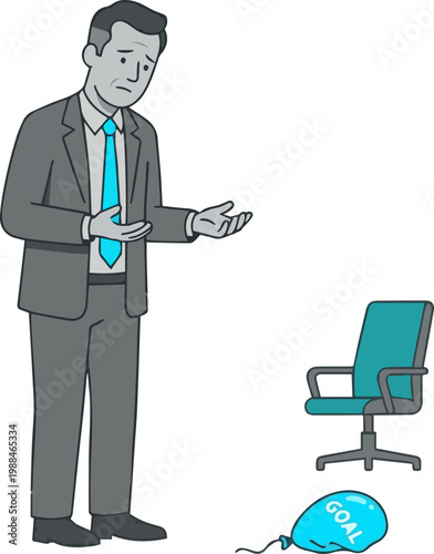 Businessman standing next to deflated goal balloon and office chair showing corporate failure concept illustration