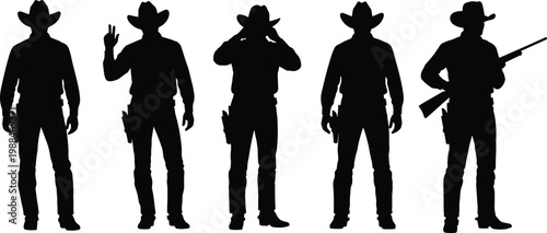 Set of black cowboy silhouettes wearing hats and boots with holsters and rifles featuring various standing poses for Western culture ranch life and wild west outlaw conceptsSet of black cowboy