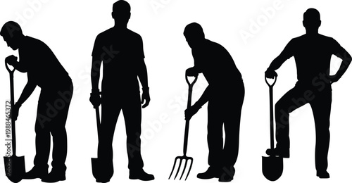 Set of black silhouettes featuring male gardeners and farmers using shovels and pitchforks for digging soil planting and landscaping work in a backyard garden environment