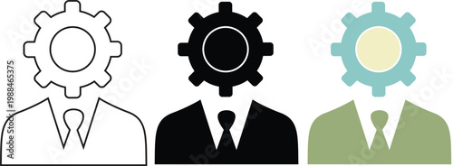 Three business professionals with gear icons representing skills and expertise