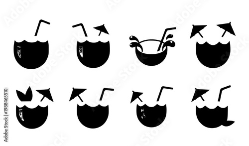 Coconut drink icon set with tropical fresh coconut beverages and beach cocktail symbols flat vector design