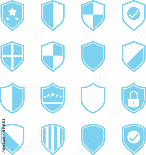 Vector set of blue shield icons in minimalist flat styles for security and protection design