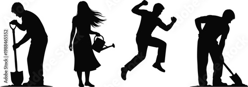 Set of black silhouettes featuring male gardeners digging with shovels and a woman watering plants symbolizing growth achievement and successful outdoor garden landscaping work