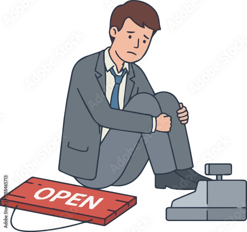 Depressed store owner sitting next to cash register after small business bankruptcy and retail failure