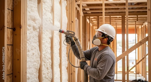 Construction Worker Applying Spray Foam Insulation In New Home Build