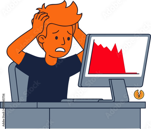 Stressed trader watching stock market crash with downward red chart illustration