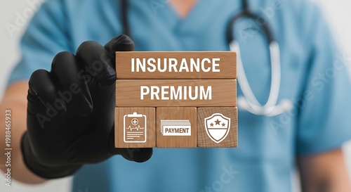 Insurance premium wooden blocks held by doctor, medical insurance payment concept, healthcare coverage and financial protection planning
