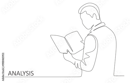 A continuous line drawing of a businessman holding a large open document and analyzing a market. This vector image is created using a single, flowing, black line on a white background.