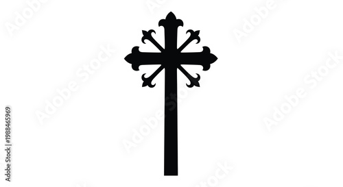 A stark silhouetted image of a black celtic cross against a plain white background high quality