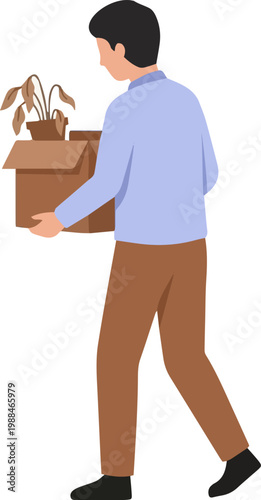 Disappointed fired worker carrying cardboard box after being laid off from business work career illustration
