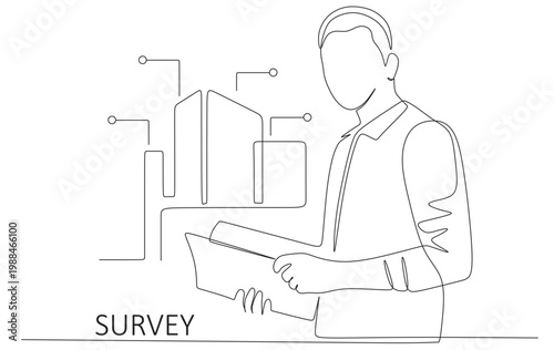 A continuous line drawing of a businessman holding a document and a multi-story building with connecting lines. A vector image of a single, flowing, unbroken line on a white background.
