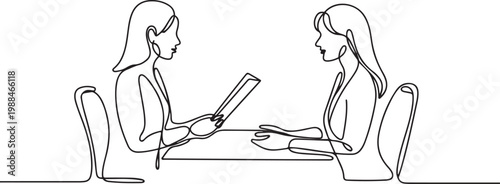 Job interview. Vector simple composition of one continuous line depicting a recruiter and a candidate. Continuous line drawing depicting two women talking at a table. one line Icon drawing