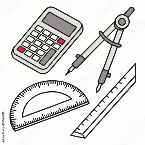 A vector graphic illustration of various stationery items for drawing and calculation