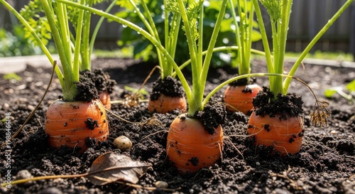 Carrots growing in garden soil outdoors.