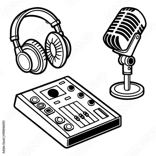 A vector graphic illustration of a microphone, headphones, and a soundboard in a minimalist black and white design