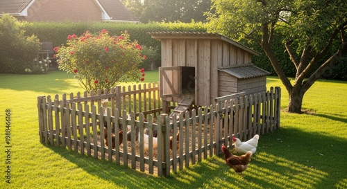 chicken coop in green grass yard.