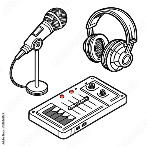 A vector graphic illustration of a microphone, headphones, and a sound mixer for music or podcast recording