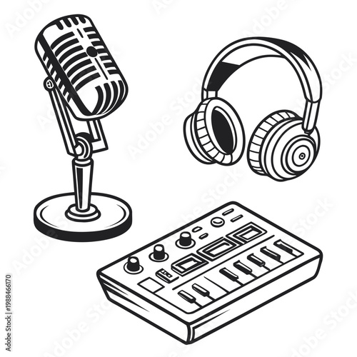 A vector graphic illustration of a microphone, headphones, and a soundboard on a white background