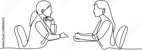 Job interview. Vector simple composition of one continuous line depicting a recruiter and a candidate. Continuous line drawing depicting two women talking at a table. one line Icon drawing