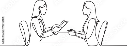 Job interview. Vector simple composition of one continuous line depicting a recruiter and a candidate. Continuous line drawing depicting two women talking at a table. one line Icon drawing