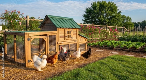 chicken coop with chickens in garden.