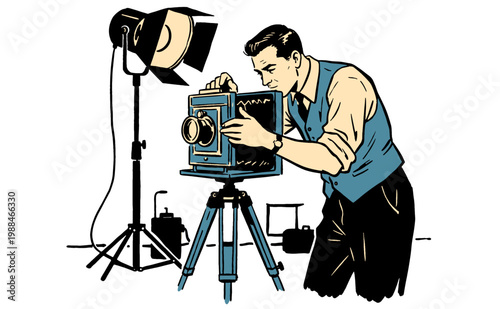 Vintage photographer using antique bellows camera in studio. Retro professional photography illustration for posters, stickers, and t-shirt designs.