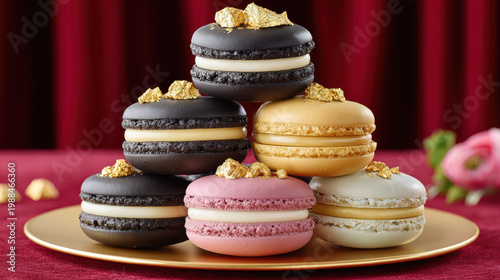 Black cocoa macarons stacked in a decorative tower adorned with edible gold foil on a white background.