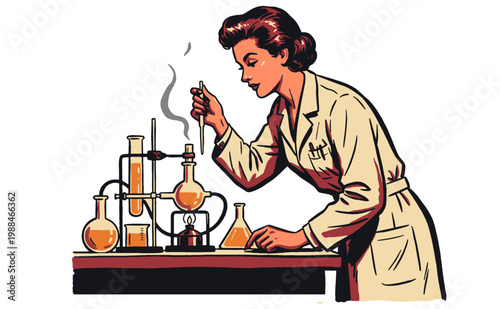Retro vintage female scientist laboratory illustration. Woman in lab coat with chemical flasks pop art design for poster and t-shirt print.