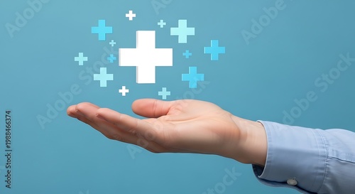 Medical healthcare cross icons floating over open hand, health insurance and wellness concept, blue background with glowing medical symbols
