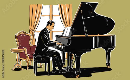 Vintage illustration of a male pianist in a tuxedo playing a grand piano in a classic room. Elegant music performance art.