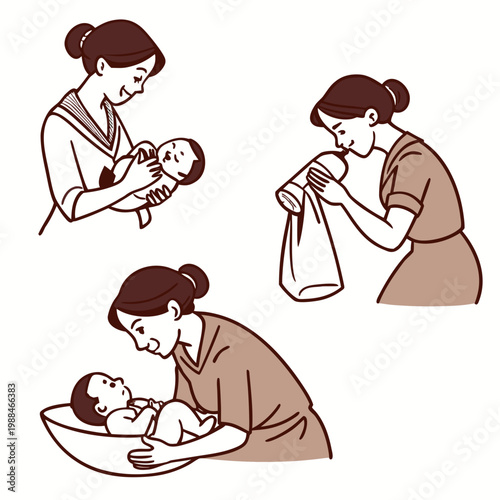 A vector graphic illustration of a mother caring for her baby in various nurturing scenes.