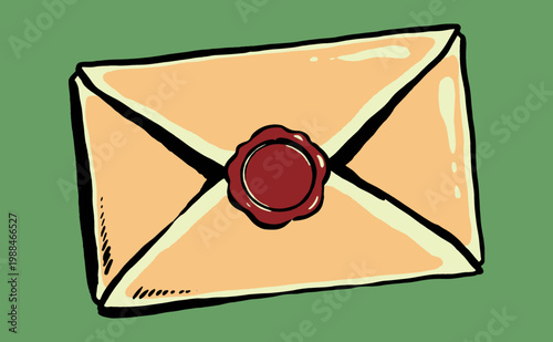 Vintage envelope illustration with red wax seal. Hand drawn letter mail icon. Retro post stationery graphic on green background.