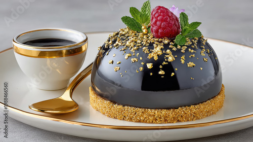 Black sesame mousse sphere garnished with delicate edible gold flakes on a white background.