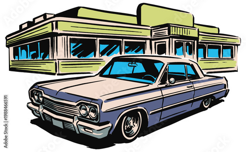 Dinner Club Classic Road  graphic print. Extreme racing. Car print design for t shirt print, poster, sticker, background and other uses.