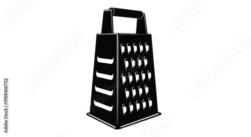 A black and white illustration depicts a metal box grater with a handle and numerous holes