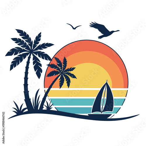 Tropical beach sunset with palm trees and sailboat tropical sailboat vacation