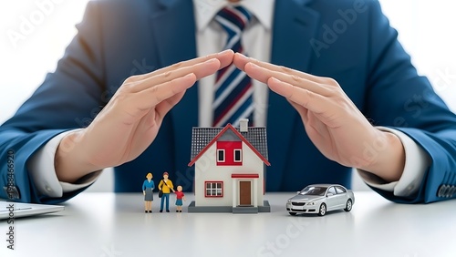 Insurance agent protecting house and family with hands, real estate security and property coverage concept, businessman shielding miniature home and car