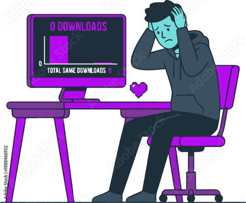 Sad indie developer stressed by zero app downloads and failed marketing strategy graphic