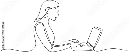 women with laptop continuous one line drawing. one line Icon drawing