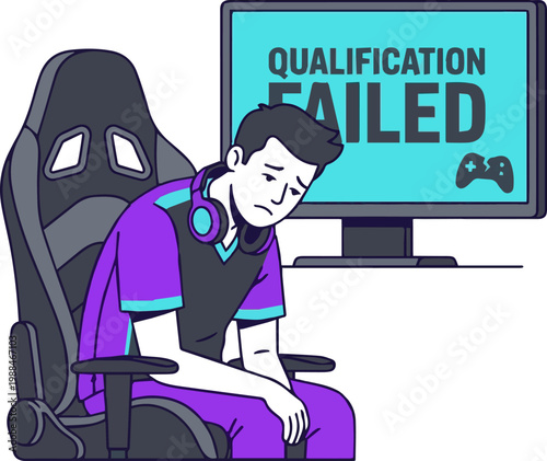 Sad male professional gamer in ergonomic chair after qualification failed result on screen illustration