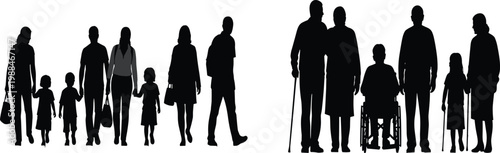 Black Silhouette Vector Set of Diverse Family Group Including Elderly Disabled Wheelchair Child and Adult People Standing Together