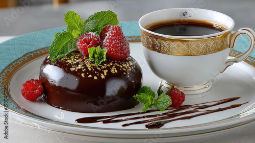 Dark chocolate quenelle dessert with gold dust and symmetrical sauce on a white plate, gourmet presentation.