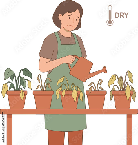 Concerned female gardener trying to revive dying houseplants during dry heatwave season