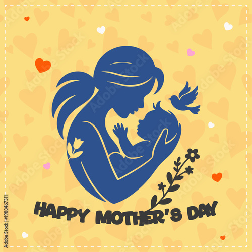 Happy Mothers Day Cute Mother And Baby Silhouette Design, Beautiful Mothers Day Greeting Card With Mom And Baby Love, Modern Mothers Day Illustration With Hearts And Floral Elements, Minimal Mothers D