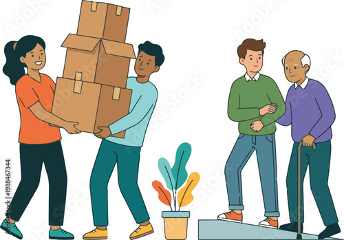 Vector illustration of people carrying stacked boxes and assisting an elderly person, representing teamwork, moving, and community support.