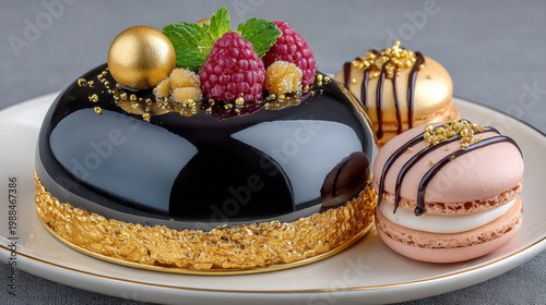 Dark luxury black and gold Michelin dessert with elegant plating and sophisticated design.
