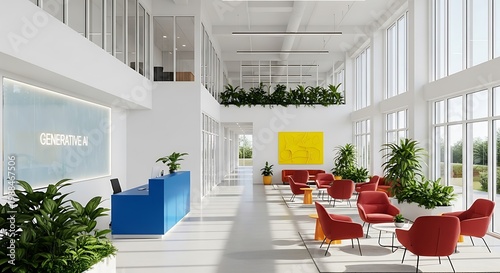Bright Modern Office Lobby with Red Chairs and Natural Light.